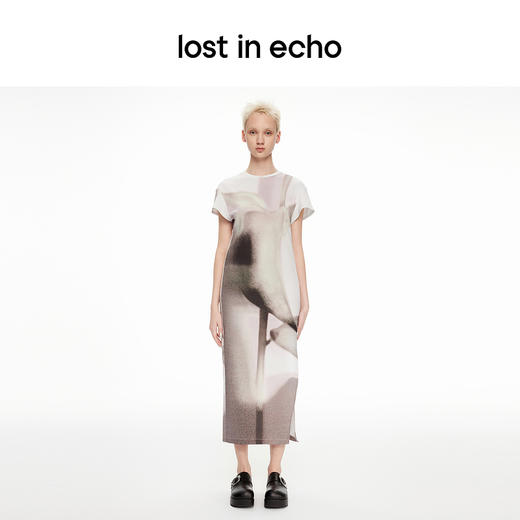 lost in echo2024春夏新品设计师品牌光影印花开衩宽松T恤连衣裙 商品图2