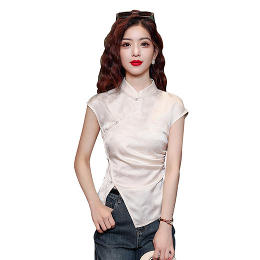 HT-6567米白色无袖新中式国风T恤女夏季2024年修身显瘦别致上衣 商品图4