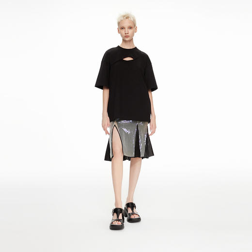 [断码]lost in echo2024春夏新品设计师品牌交叉镂空黑白纯色长款T恤 商品图0