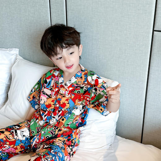 【59.9/2套 】韩系痞帅风破卡棉空调服套装家居服男女宝宝夏季棉绸防蚊套装90-160cm 商品图6