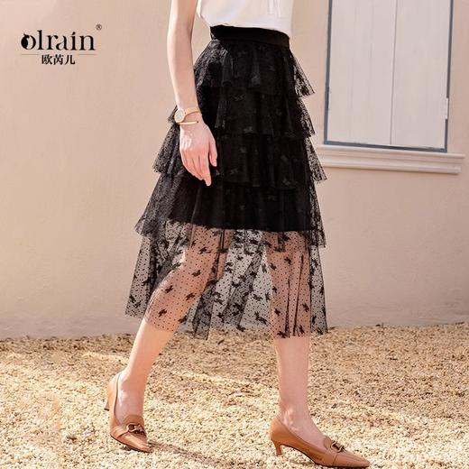 欧芮儿高腰显瘦黑色半身裙女2021新款夏季中长款A字百搭网纱裙ins 商品图0