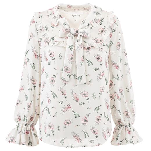 欧芮儿秋装2019款女装印花雪纺衫女宽松灯笼袖超仙小衫蝴蝶结上衣 商品图3