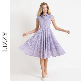 LIZZY优雅赫本风气质翻领收腰文艺范大摆蕾丝连衣裙8013