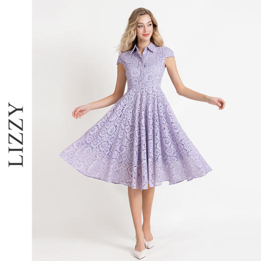 LIZZY优雅赫本风气质翻领收腰文艺范大摆蕾丝连衣裙8013 商品图0