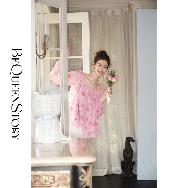 【孤品样衣，不退不换】【胭脂繁花】浪漫慵懒舒适凉爽印花插肩袖宽松桃心领上衣