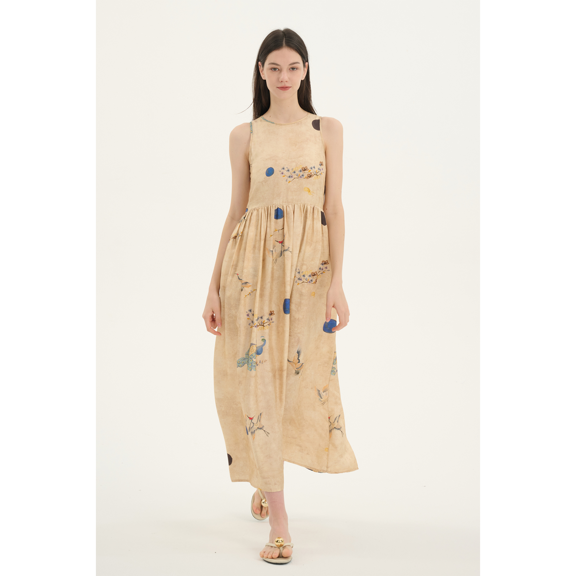 MAISON CECILE仙鹤与孔雀新中式风复古真丝桑蚕丝背心连衣裙