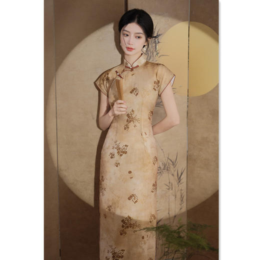 SKY35复古改良中式半开襟连袖长款旗袍2024夏季新款年轻少女天丝旗袍裙 商品图1