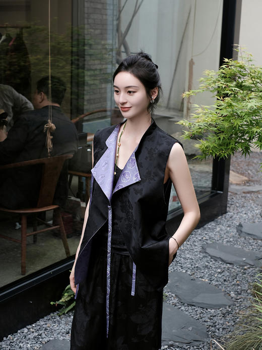 盛唐牡丹 |紫色梅兰竹菊花窗格宋锦马甲 商品图10