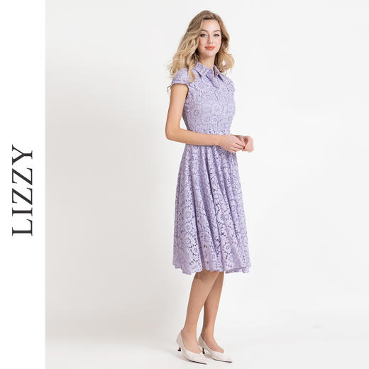 LIZZY优雅赫本风气质翻领收腰文艺范大摆蕾丝连衣裙8013 商品图2