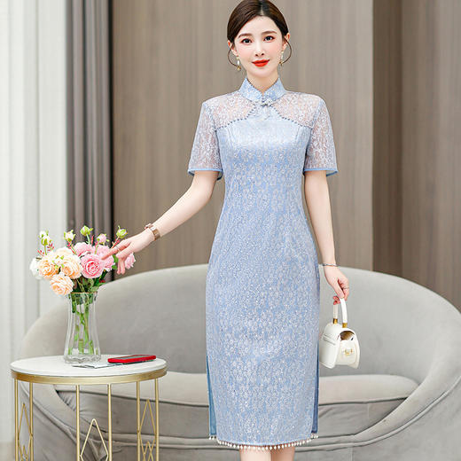 AHM-6813中国风复古改良旗袍裙夏季新款时尚高级感蓝色蕾丝开叉连衣裙 商品图0