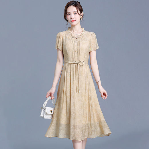 QYMKED-9439-Y时尚印花连衣裙夏季短袖裙中长款系带收腰裙女装连衣裙 商品图0