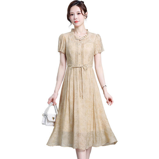 QYMKED-9439-Y时尚印花连衣裙夏季短袖裙中长款系带收腰裙女装连衣裙 商品图4