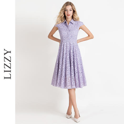 LIZZY优雅赫本风气质翻领收腰文艺范大摆蕾丝连衣裙8013 商品图1