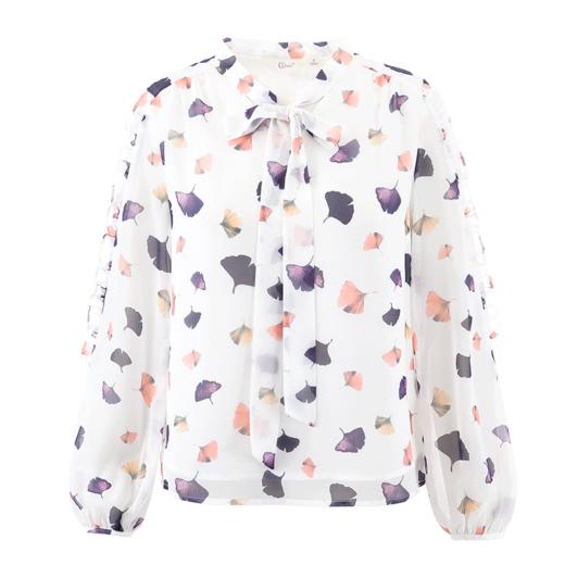 欧芮儿冬季2021款女装蝴蝶结系带衬衫女印花木耳边拼接宽松小衫 商品图2