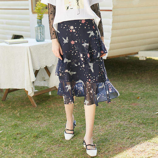 欧芮儿雪纺半身裙女中长款2019秋装女装荷叶边a字裙叠叠裙女裙 商品图1