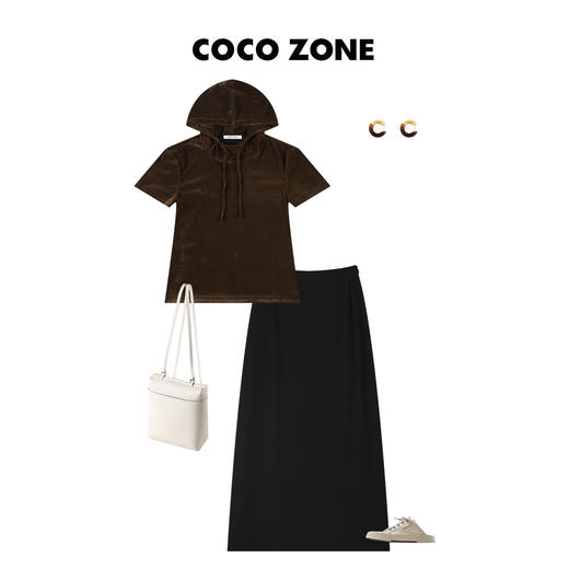 刘一一&COCO ZONE连帽系绳短袖丝绒上衣修身显瘦卫衣  23C19195 商品图2