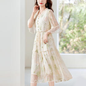 QS-82497018重工刺绣真丝连衣裙女新款夏季中袖年轻款优雅气质V领桑蚕丝