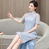 AHM-6813中国风复古改良旗袍裙夏季新款时尚高级感蓝色蕾丝开叉连衣裙 商品缩略图2