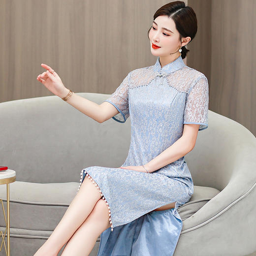 AHM-6813中国风复古改良旗袍裙夏季新款时尚高级感蓝色蕾丝开叉连衣裙 商品图2