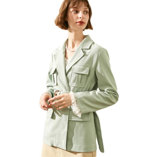 欧芮儿2019秋新品西装领长袖牛油果绿外套女系带收腰气质中长款 商品图3