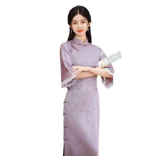 SKY35纯色提花全开襟长款倒大袖古法旗袍2024夏新款复古中国风少女旗袍 商品图4