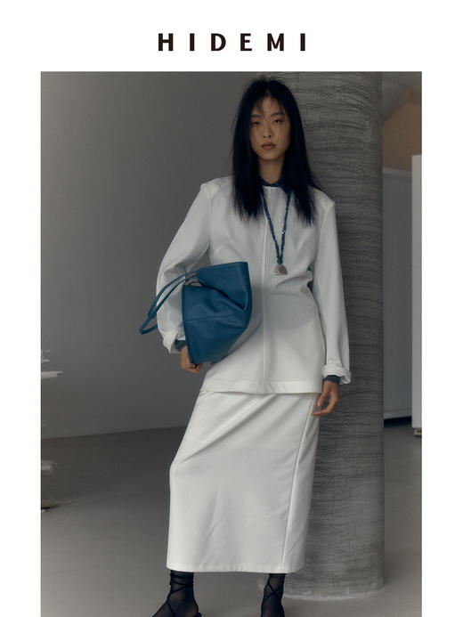 HIDEMI 极简春日圆领设计感前后两穿立体剪裁缎面外套上衣女 黑色/白色 商品图13