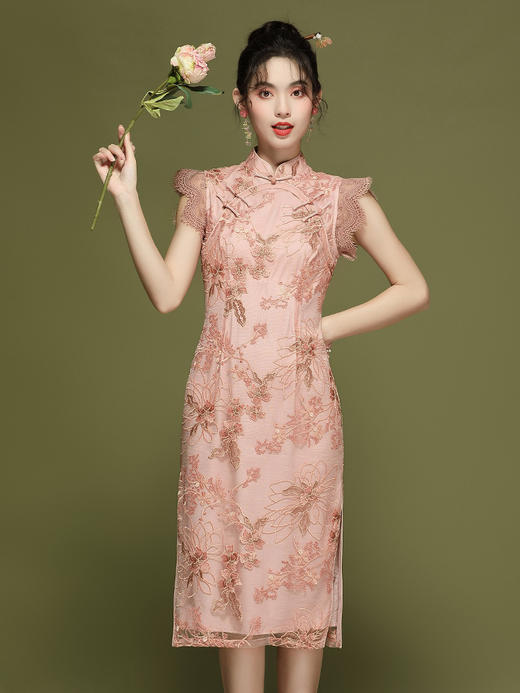 时尚新中式，蕾丝刺绣改良花边袖旗袍OY-24152 商品图4