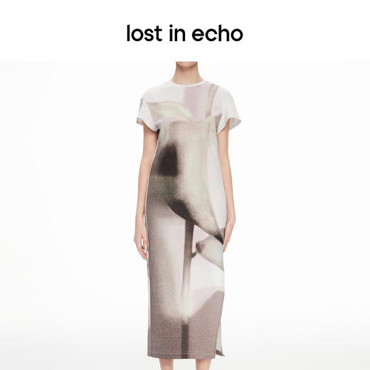 lost in echo2024春夏新品设计师品牌光影印花开衩宽松T恤连衣裙 商品图3