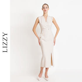 LIZZY早秋新款优雅气质通勤修身显瘦V领包臀开叉无袖连衣裙