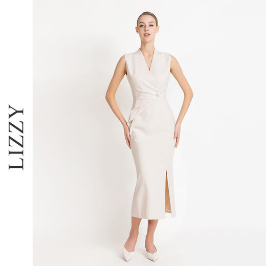 LIZZY早秋新款优雅气质通勤修身显瘦V领包臀开叉无袖连衣裙 商品图0