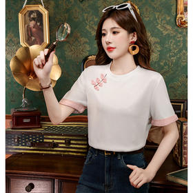 HT-6571新中式轻国风盘扣短袖T恤拼接袖口夏季女装复古漂亮短款衬衫