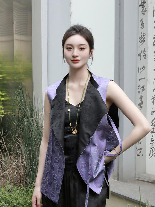 盛唐牡丹 |紫色梅兰竹菊花窗格宋锦马甲 商品图6