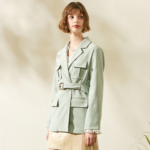 欧芮儿2019秋新品西装领长袖牛油果绿外套女系带收腰气质中长款 商品图0