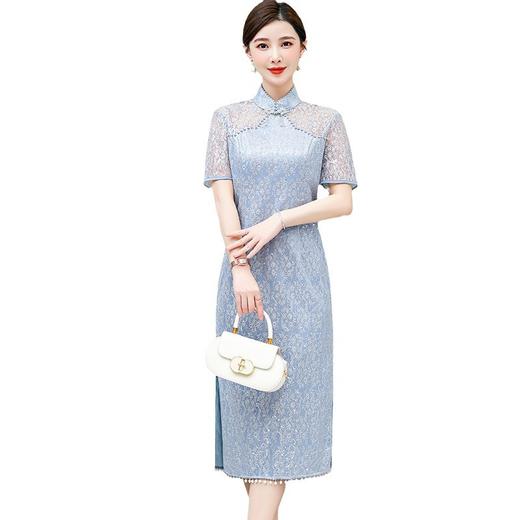 AHM-6813中国风复古改良旗袍裙夏季新款时尚高级感蓝色蕾丝开叉连衣裙 商品图4