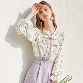 欧芮儿秋装2019款女装印花雪纺衫女宽松灯笼袖超仙小衫蝴蝶结上衣