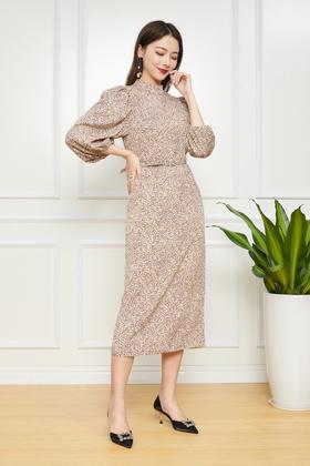 Le Malene 豹纹印花灯笼袖系腰连衣裙 11763