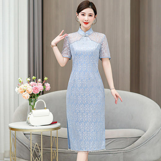AHM-6813中国风复古改良旗袍裙夏季新款时尚高级感蓝色蕾丝开叉连衣裙 商品图1