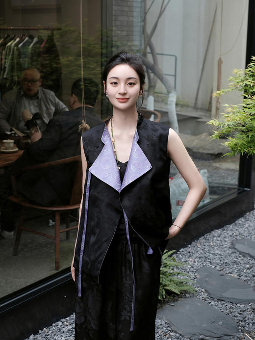 盛唐牡丹 |紫色梅兰竹菊花窗格宋锦马甲 商品图7