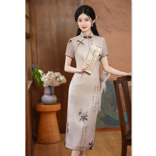 SKY艾旗绣仿天丝长款短袖双层旗袍2024夏季新款复古国风年轻女士旗袍 商品图3