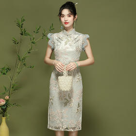 时尚新中式，蕾丝刺绣改良花边袖旗袍OY-24152