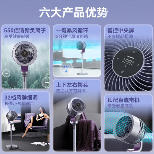 艾美特空气循环扇32档直流变频触控遥控摇头电风扇家用涡轮换气扇循环对流负离子净化一键暴风落地扇 FA18-RD70POR紫色 商品图3