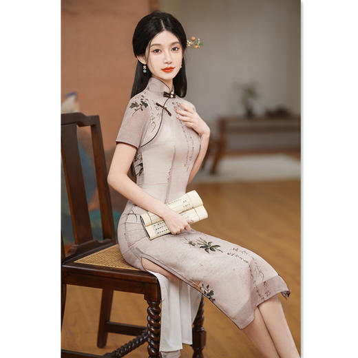 SKY艾旗绣仿天丝长款短袖双层旗袍2024夏季新款复古国风年轻女士旗袍 商品图2