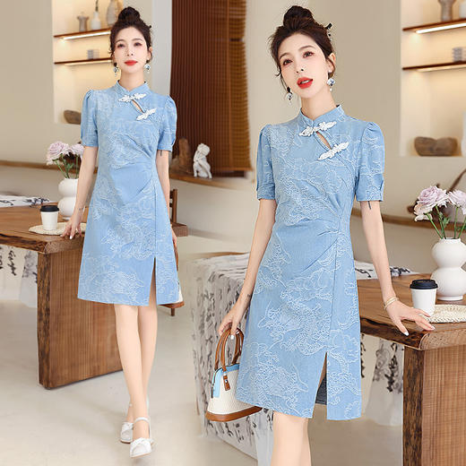 古典气质，新中式水洗薄款牛仔连衣裙HR-SSFB2896 商品图1