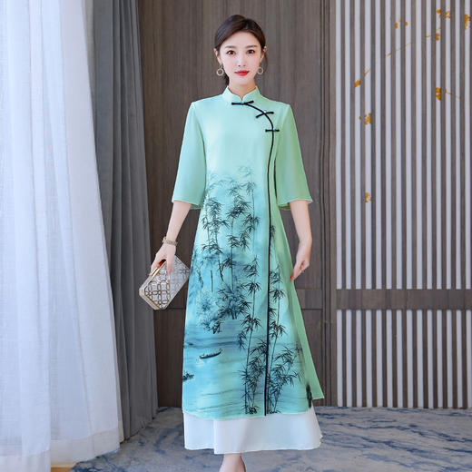 AHM-3022复古长款旗袍改良奥黛裙夏季新款中国风气质优雅显瘦连衣裙 商品图1