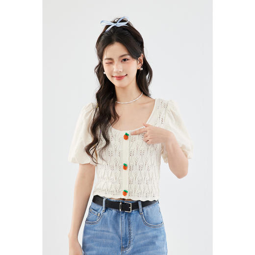 【严选】诗凡黎白色方领镂空针梭拼针织衫2024夏新款设计感流行上衣女SF4330771 商品图2