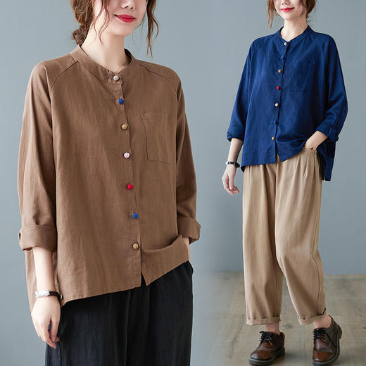 GYH 8021复古棉麻彩色包扣长袖衬衫纯色上衣 商品图1
