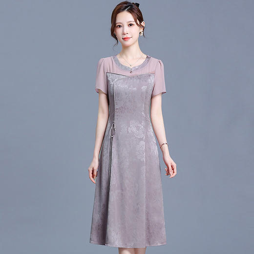 QYM-M448夏装紫色连衣裙短袖时尚新款中式印花裙中长款休闲裙 商品图5