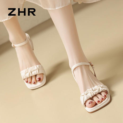 ZHR则则凉鞋女2024新款夏季一字带中跟鞋网红ins公主风粗跟凉鞋女 商品图8