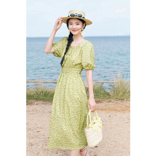 【严选】诗凡黎连衣裙泡泡袖方领碎花裙子女2024春夏新款泡泡袖复古气质SF4190831 商品图0