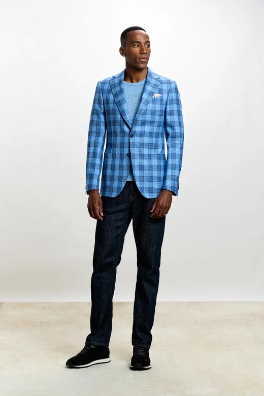 Scabal Taormina 陶尔米纳 羊毛蚕丝亚麻蓝色格纹全麻衬单西 商品图3